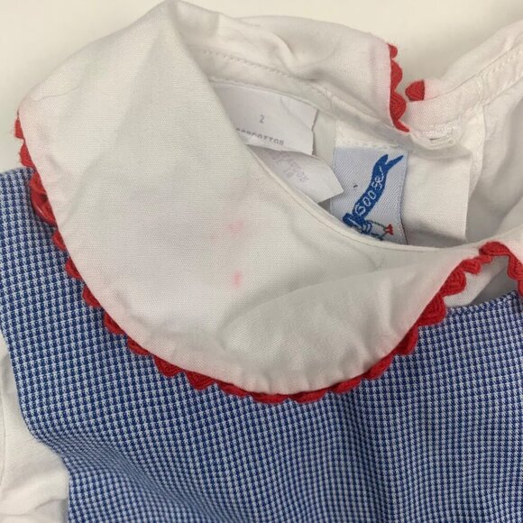 Silly Goose Smocked Toddler Dress Embroidered Dolls White Shirt & Blue Pinafore - Picture 2 of 6